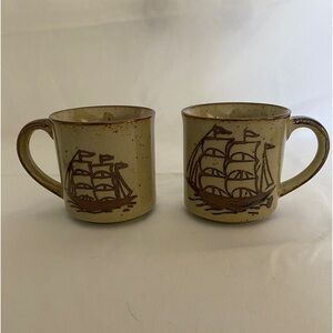 Pair of Brown Vintage Speckled Mugs with Ships